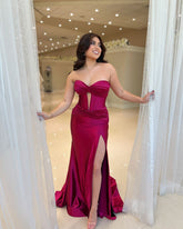 Burgundy Corset Prom Dress with Slit Mermaid Sweetheart Long